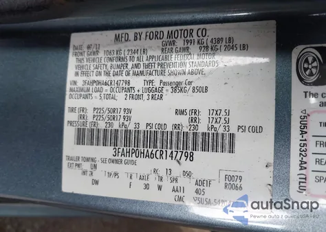 2012 Ford Fusion Se z USA, uszkodzony, nr VIN 3FAHP0HA6CR147798